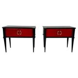 Pair of Italian Art Deco Nightstands in Red Parchment and Black Lacquer, 19