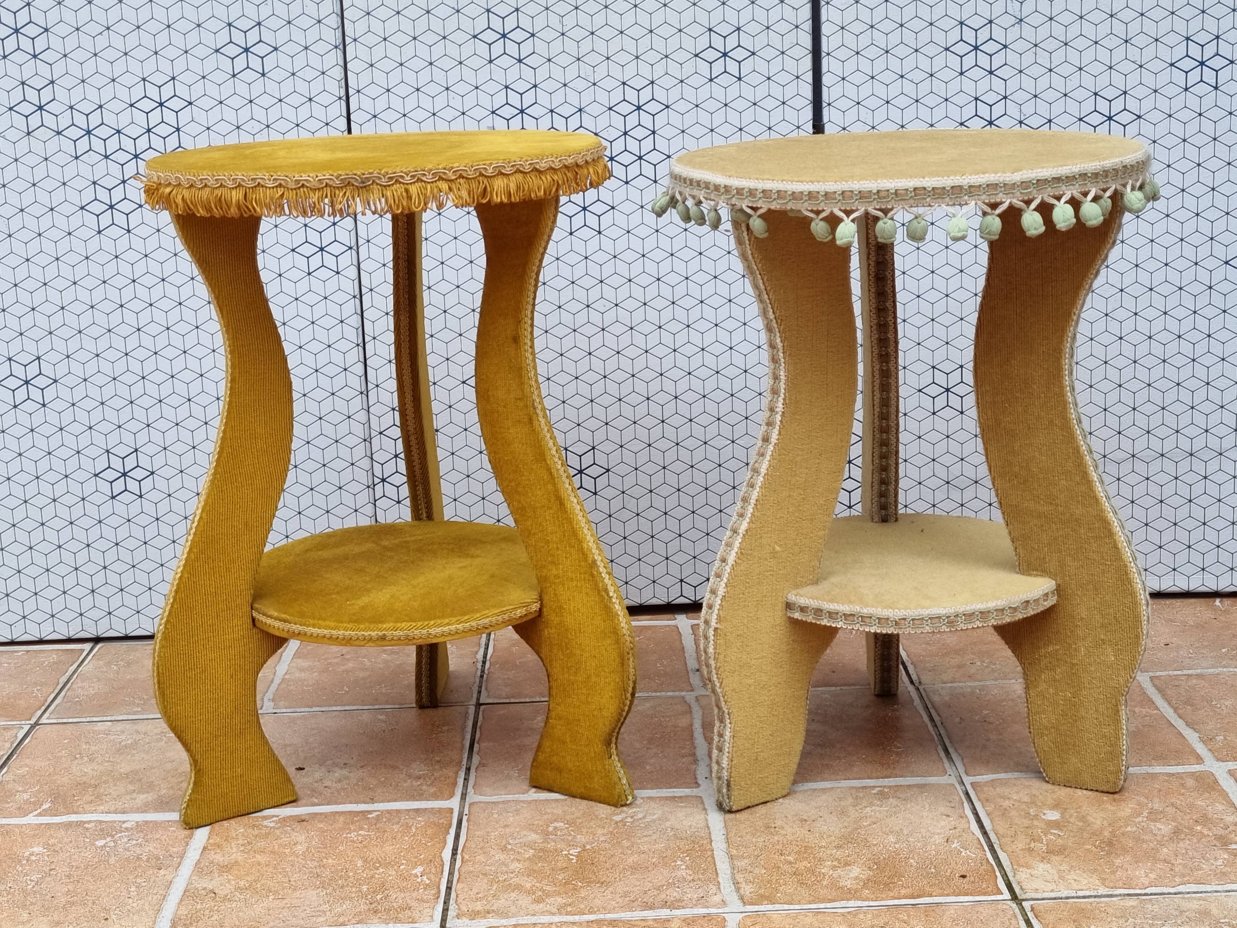 Pair of vintage velvet upholstered pedestal tables – 1950s, 44 cm high