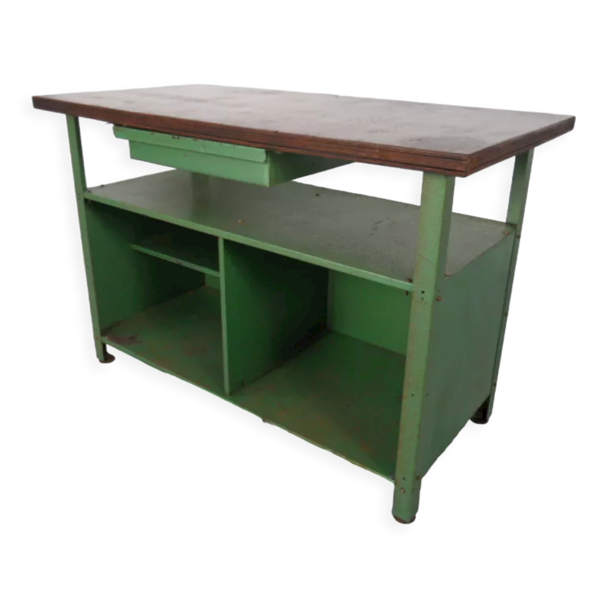 Industrial metal workbench with wooden top 1960s