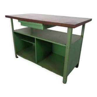 Industrial metal workbench with wooden top 1960s