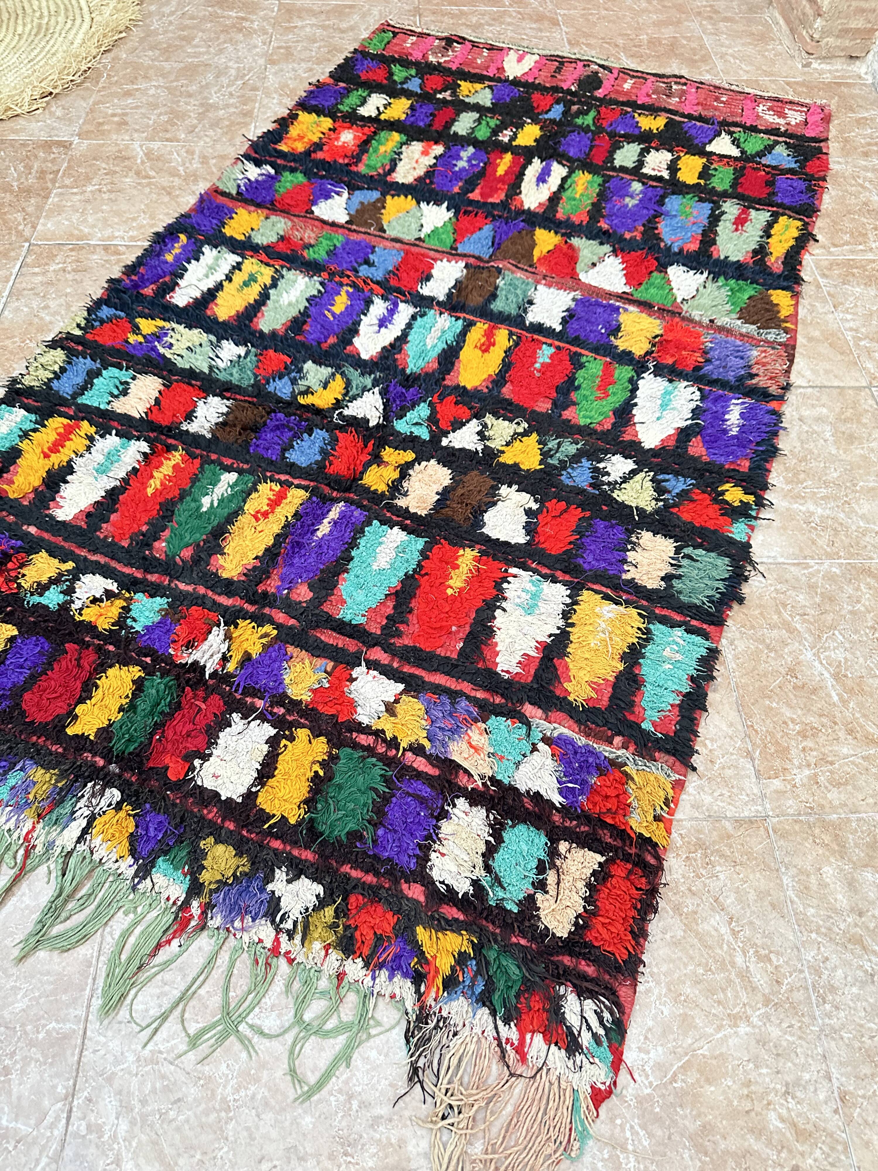 Vintage Moroccan Boujaad rug: Small abstract red Boucherouite rug.