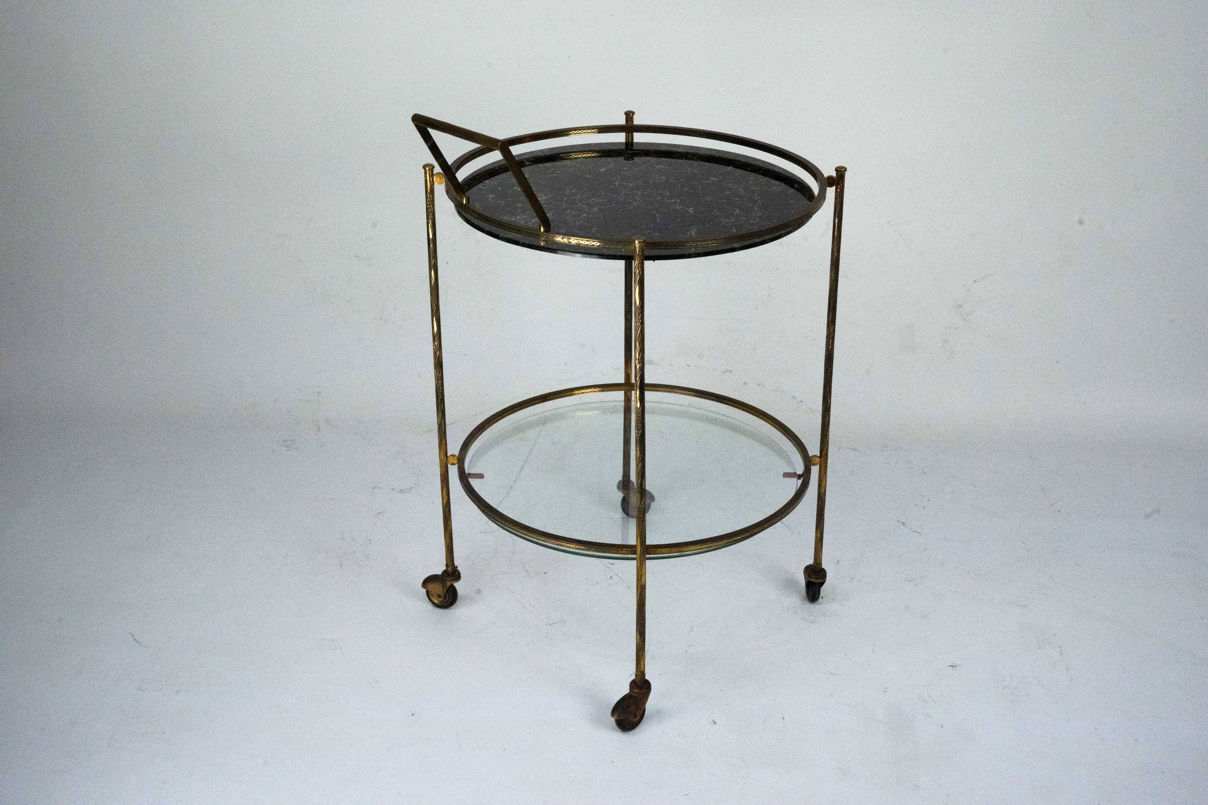 Round Mid-Century Brass and Marble-Effect Glass Bar Cart. Italy 1950s