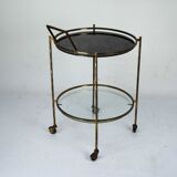 Round Mid-Century Brass and Marble-Effect Glass Bar Cart. Italy 1950s