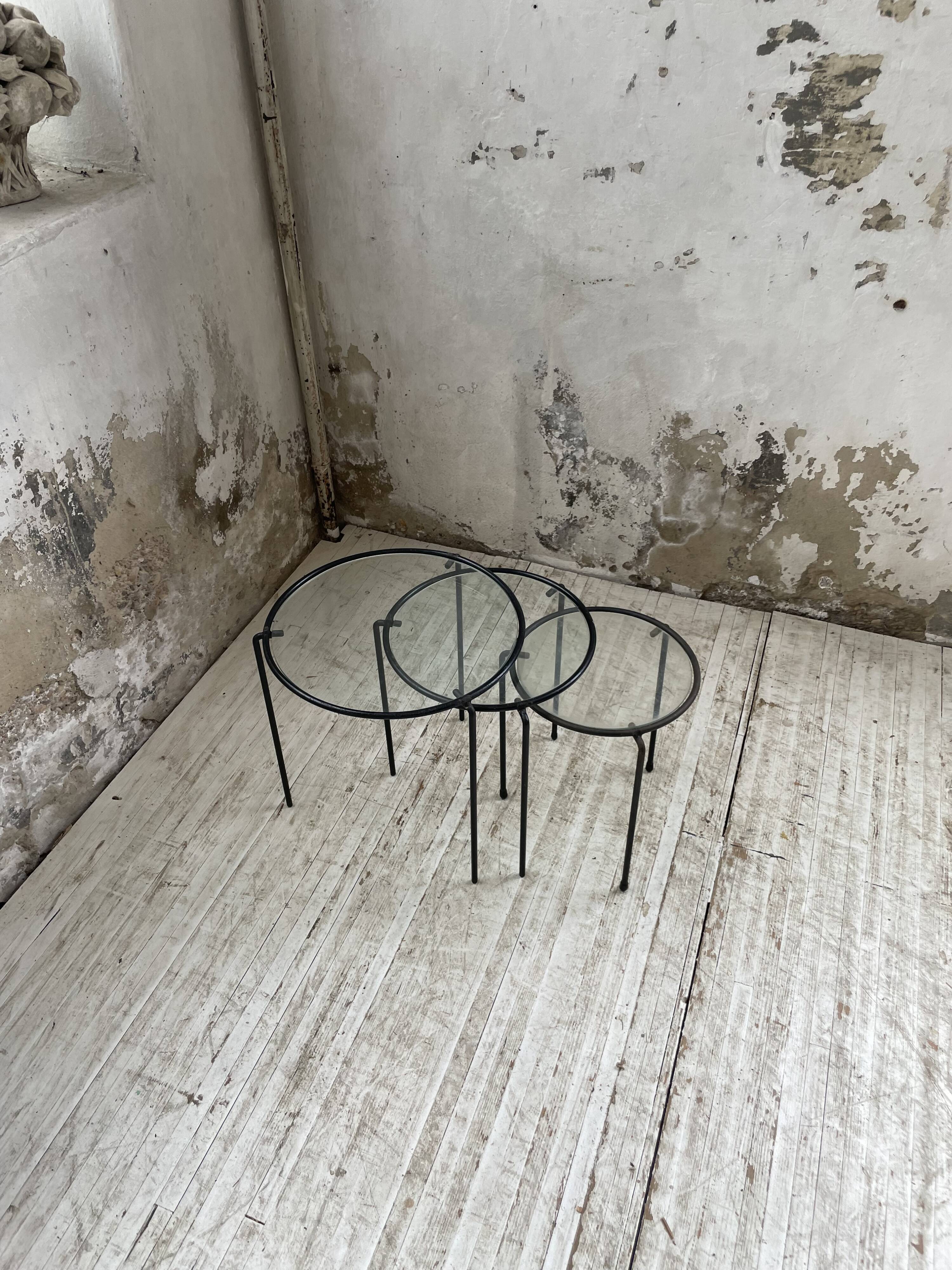 50s metal and glass nesting coffee tables