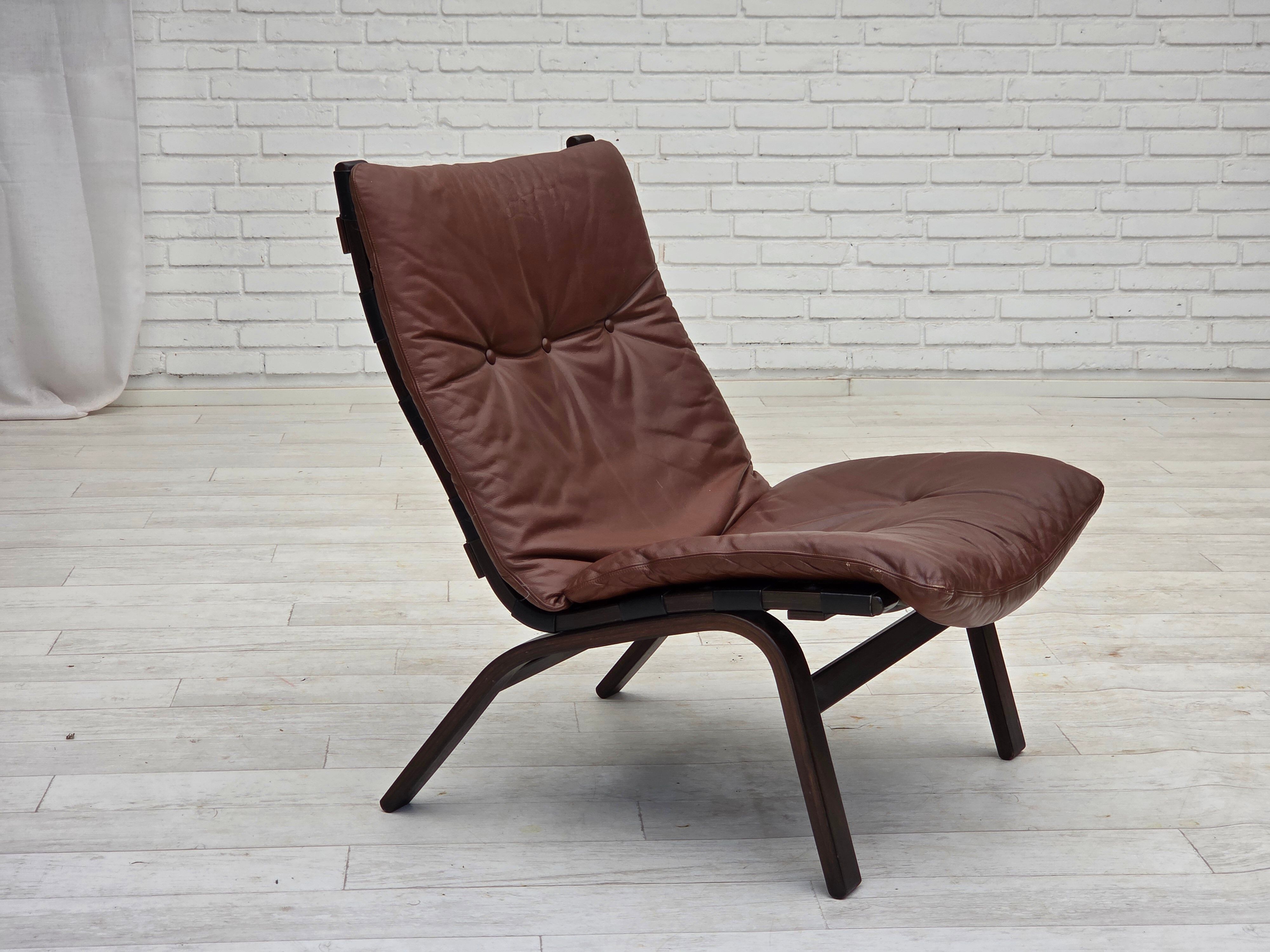 1970s, Danish loungechair by Farstrup, leather, canvas, bent wood.