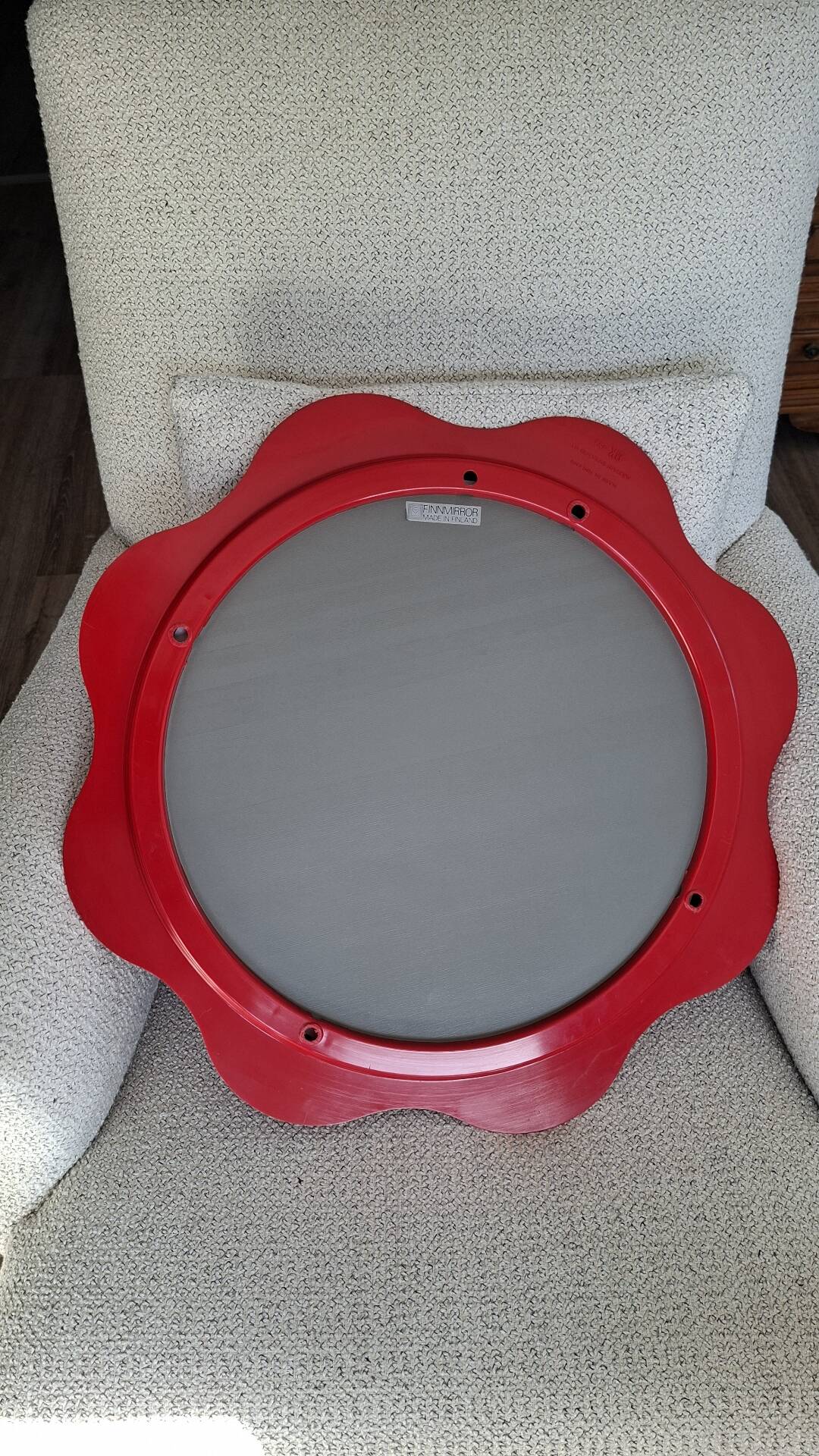 Round wall mirror 53 cm red/white vintage 1960s/70s