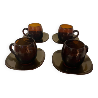 4 tasses verre bullé avec sous tasse marron clair