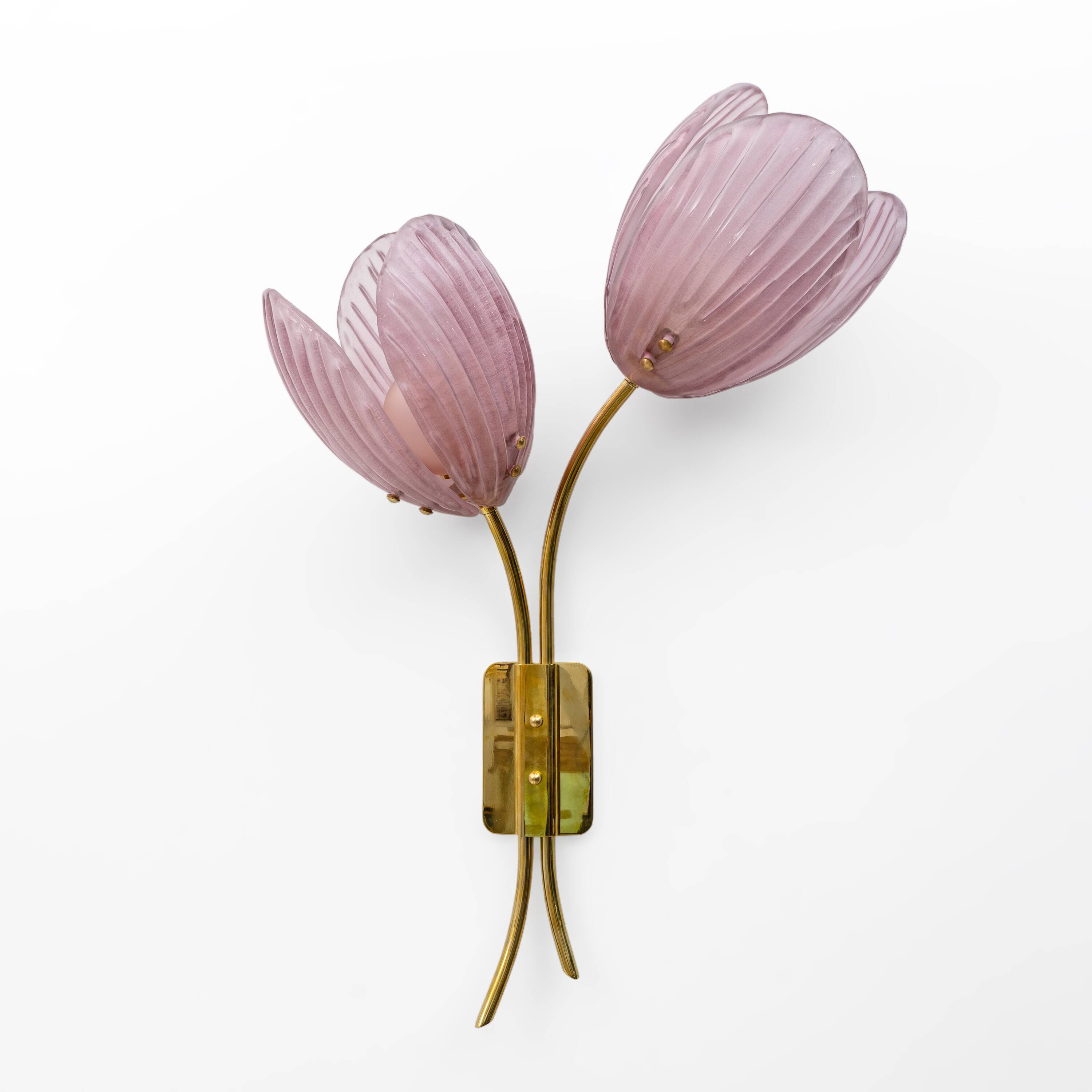Pair of Tulips Murano Glass and Brass Sconces