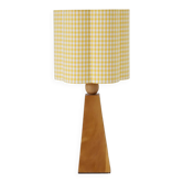 Lampe à poser vintage « Géométrie Solaire » – Bois sculpté et Abat-jour Vichy ondulé