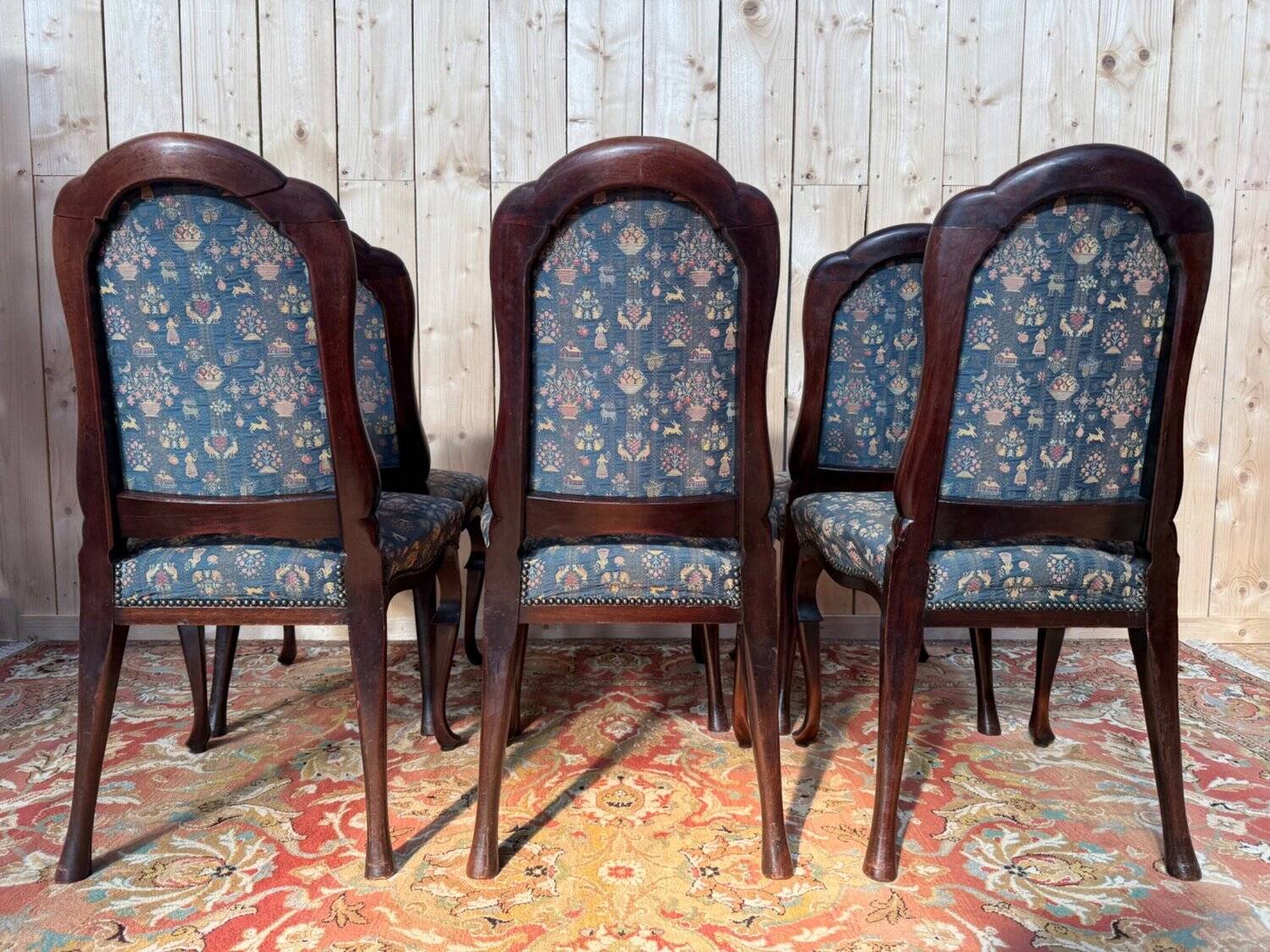 Suite de 6 chaises Chippendale anglais XIXe – Acajou, tissu jacquard