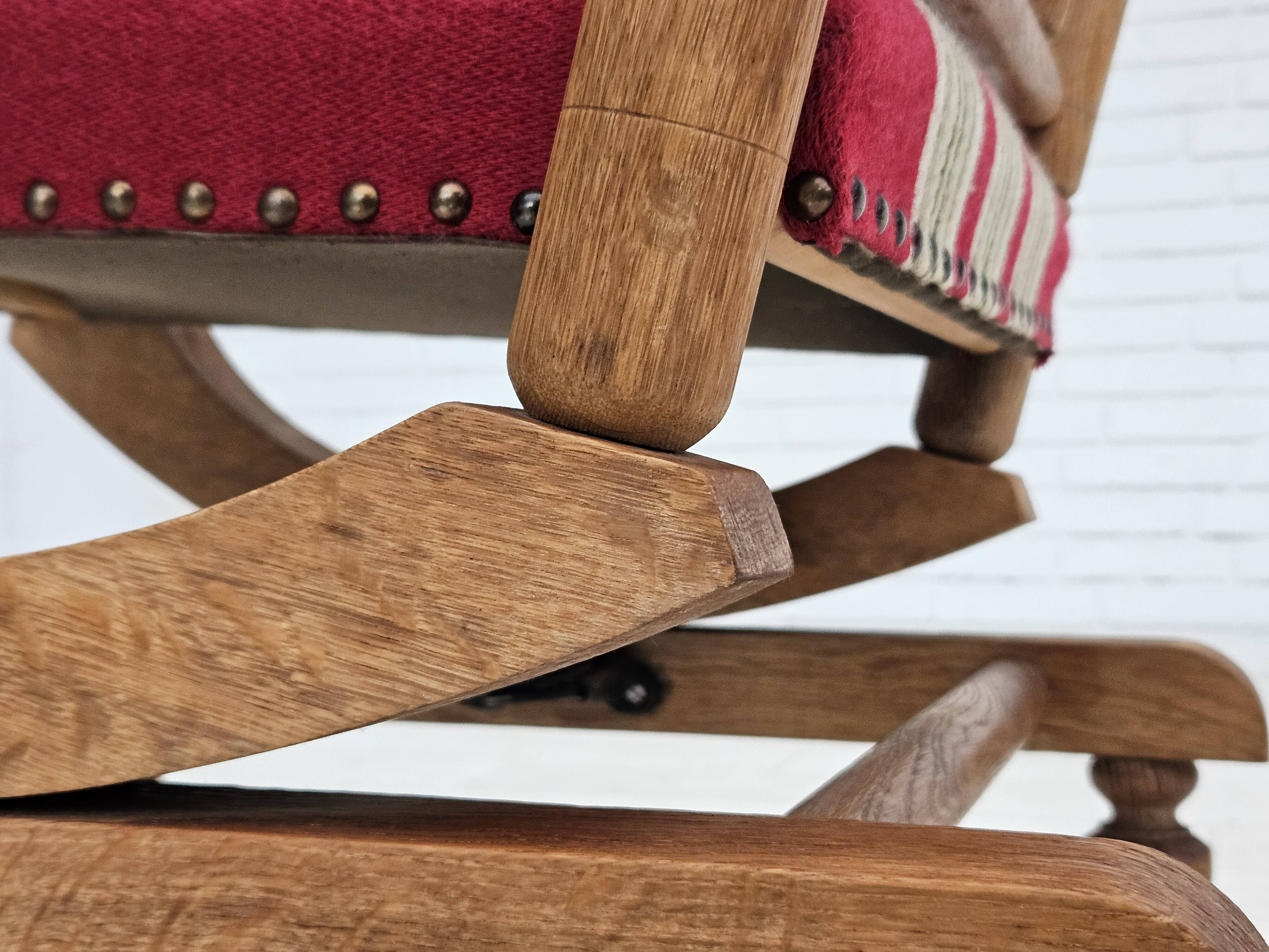 1970s, Danish highback rocking chair, oak wood, furniture wool, original condition.