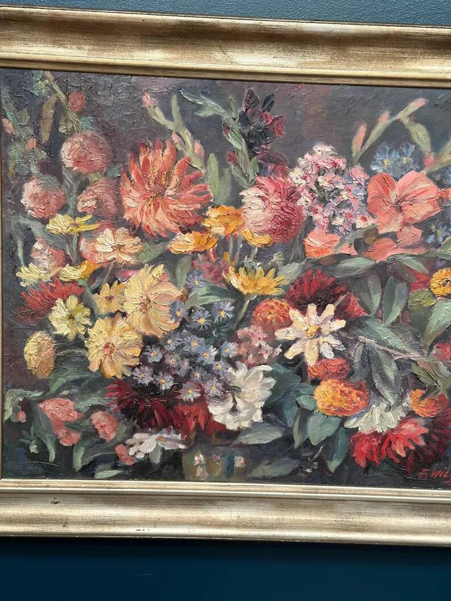 Original Still Life Oil on Canvas “Still Life with Flowers” by F. Wiegand