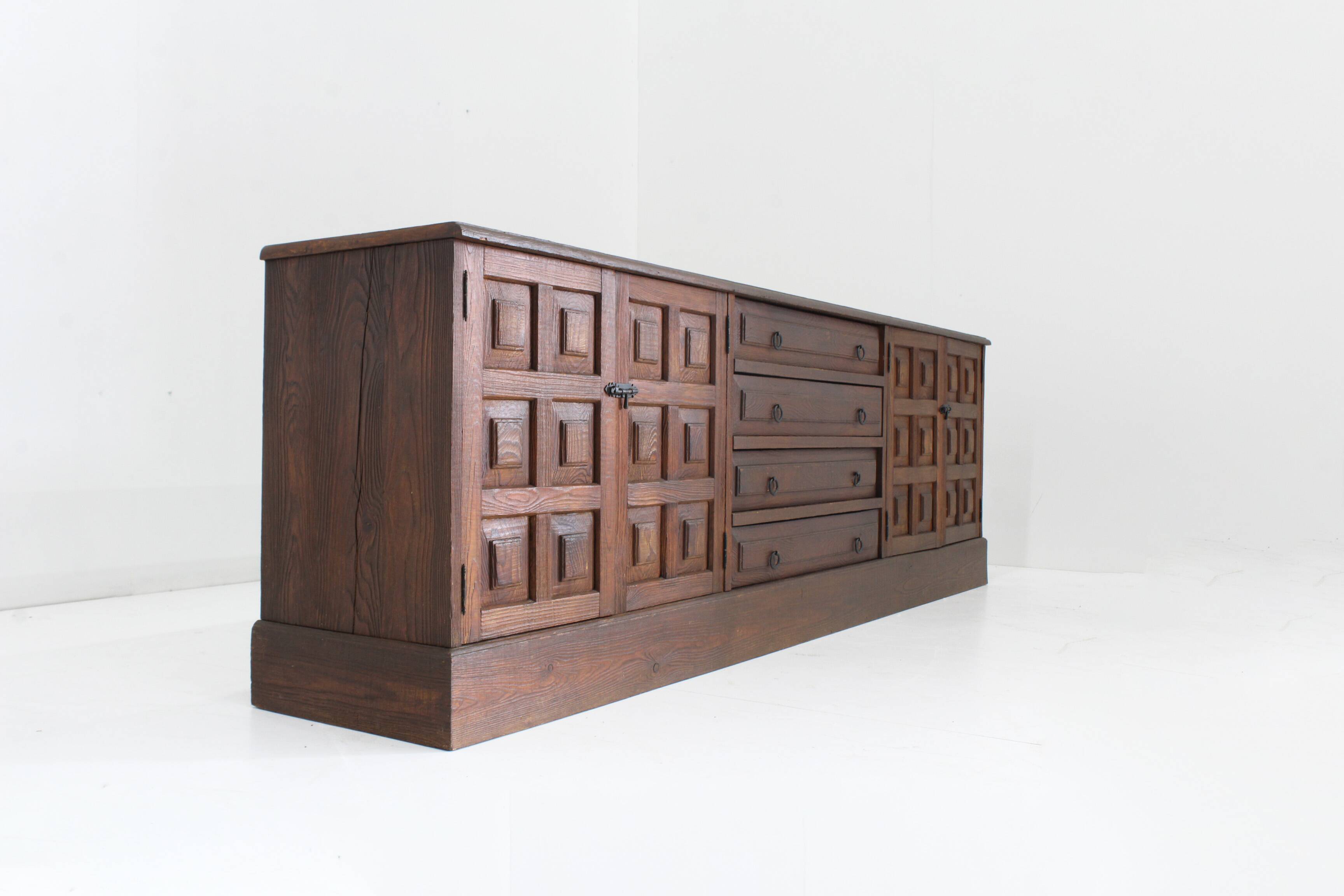 Vintage Brutalist Sideboard solid wood , Spain 1970s