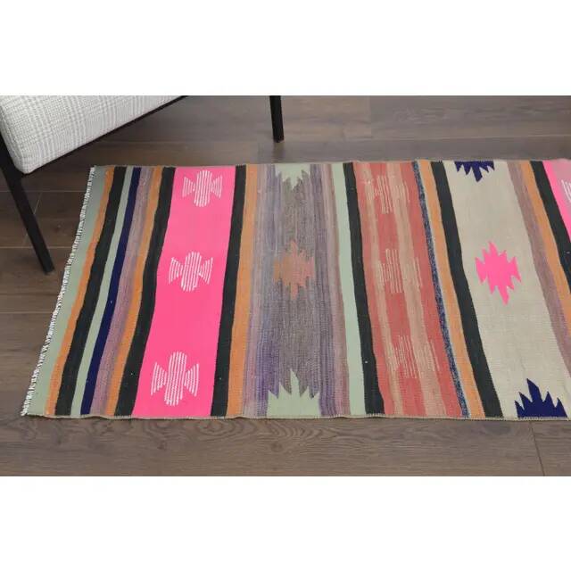 Vintage Turkish Hand-Knotted Wool Cotton Pink Runner Rug 72x398