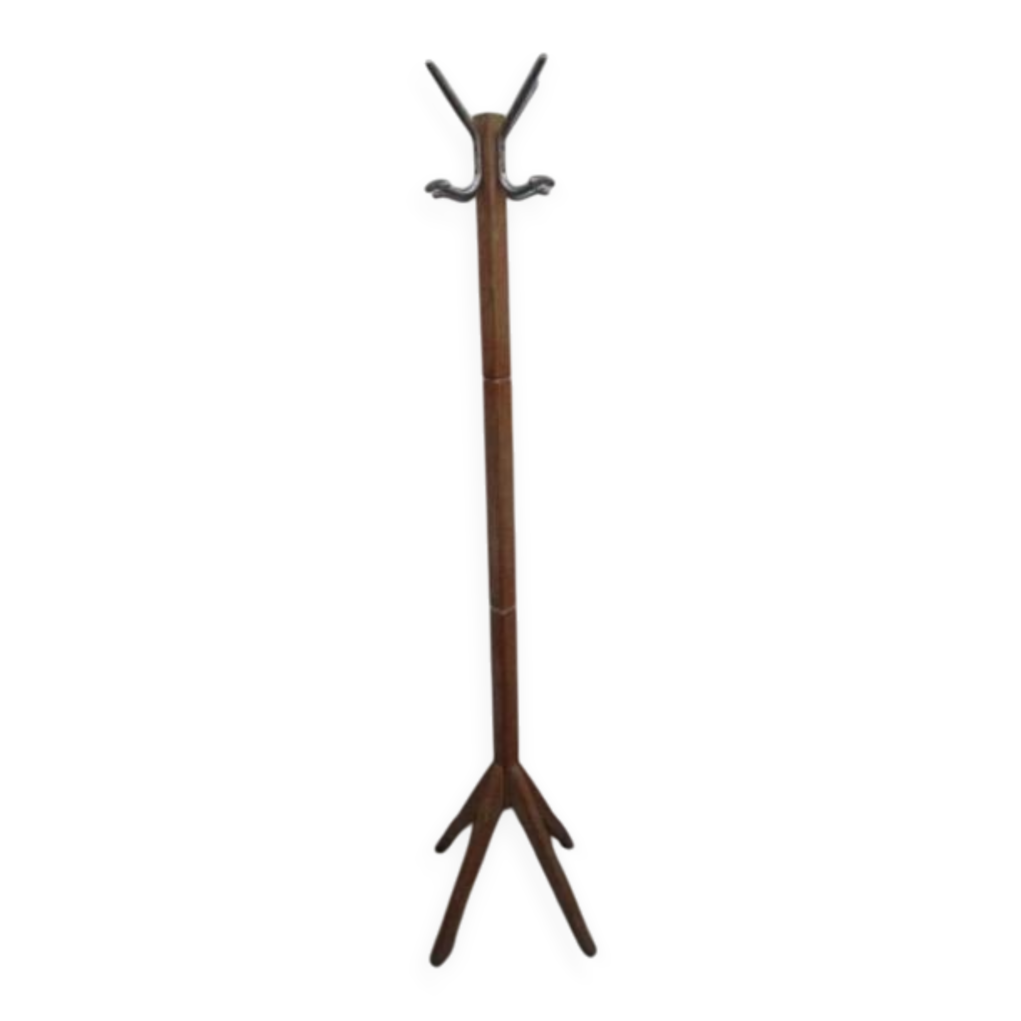 Antique light wood coat rack with splayed legs.