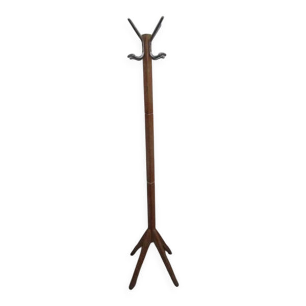Porte-manteau ancien en bois blond, pieds compas