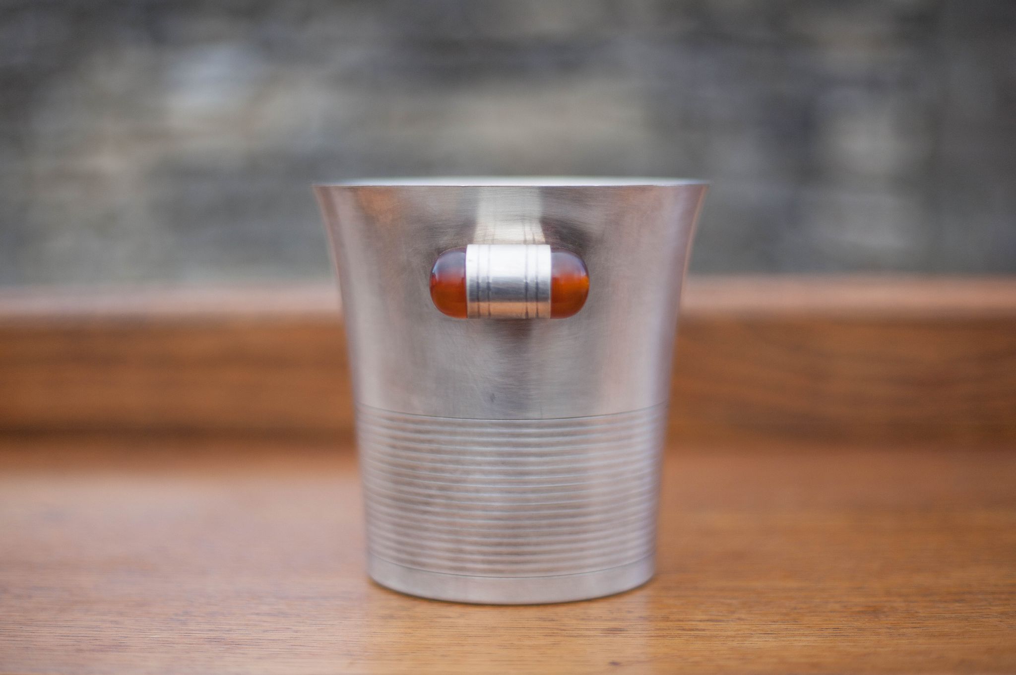 Art Deco ice bucket, silver metal ice bucket Bakelite handles