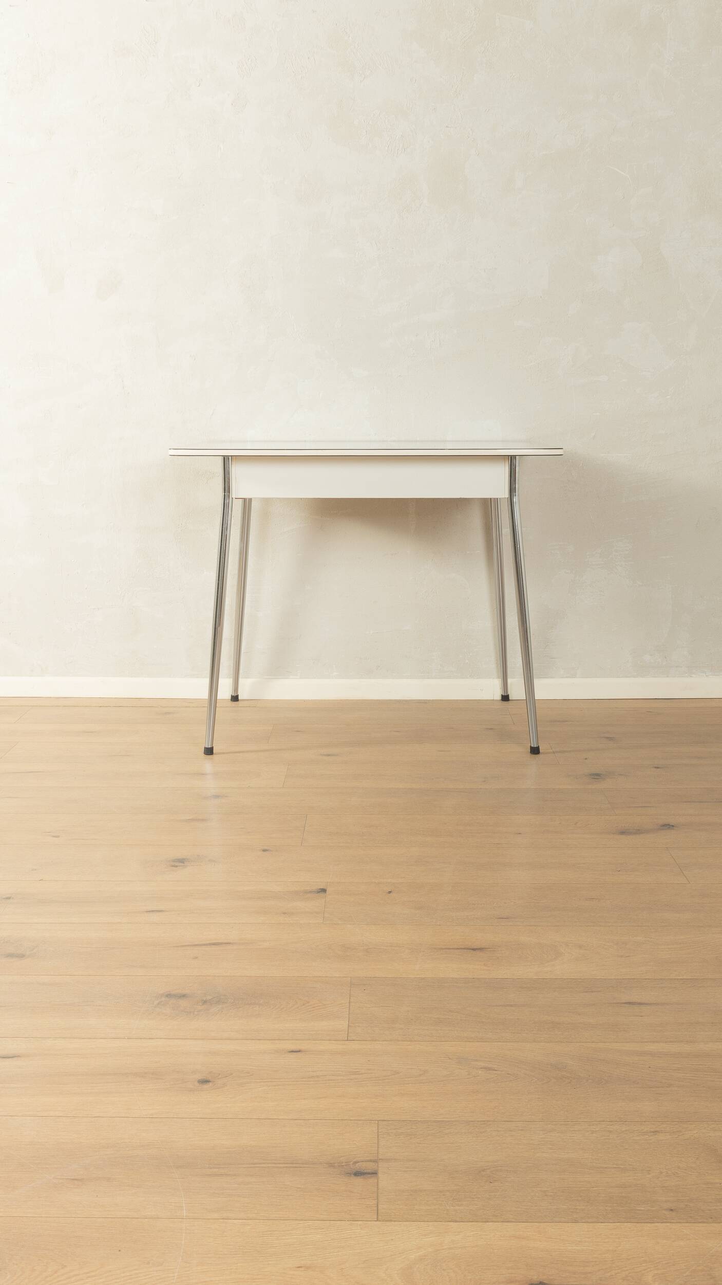 Vintage kitchen table with light grey Resopal and chrome, 1950s