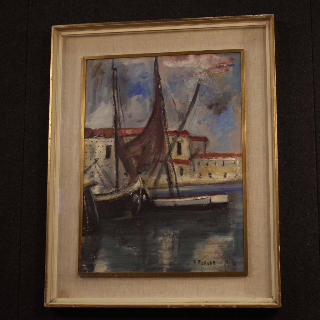 Italian painting signed harbor view with boats from 20th century