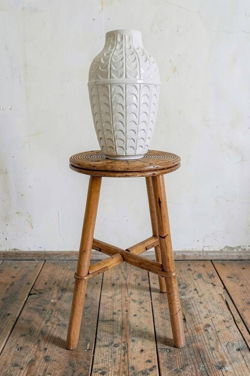 Vintage Rattan and Bamboo Accent Side Table / Stool, Spain, 1970s