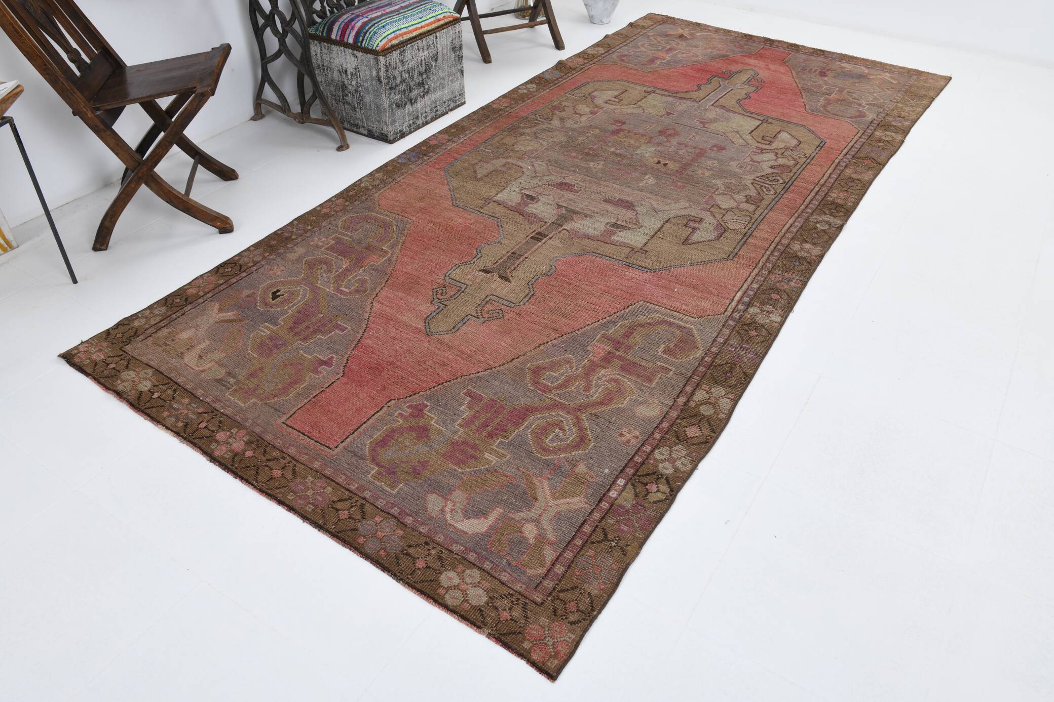5x11 Rug For Living Room Red Brown Turkish Vintage Rug 150x338Cm