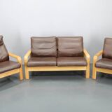 1970s L. Olsen & Søn Oak and Leather Living Room Set, Denmark