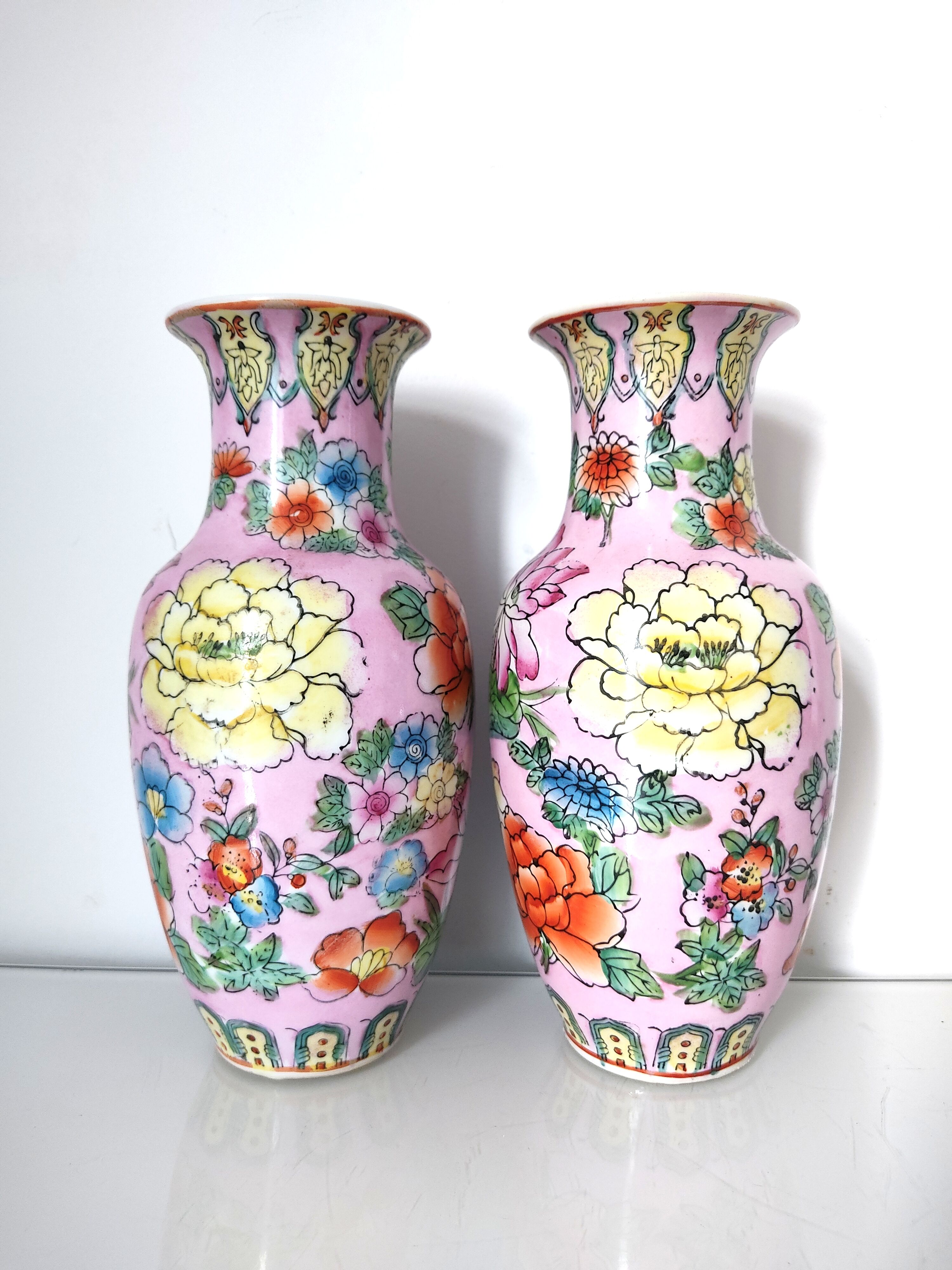 Pair of flowered Chinese vases