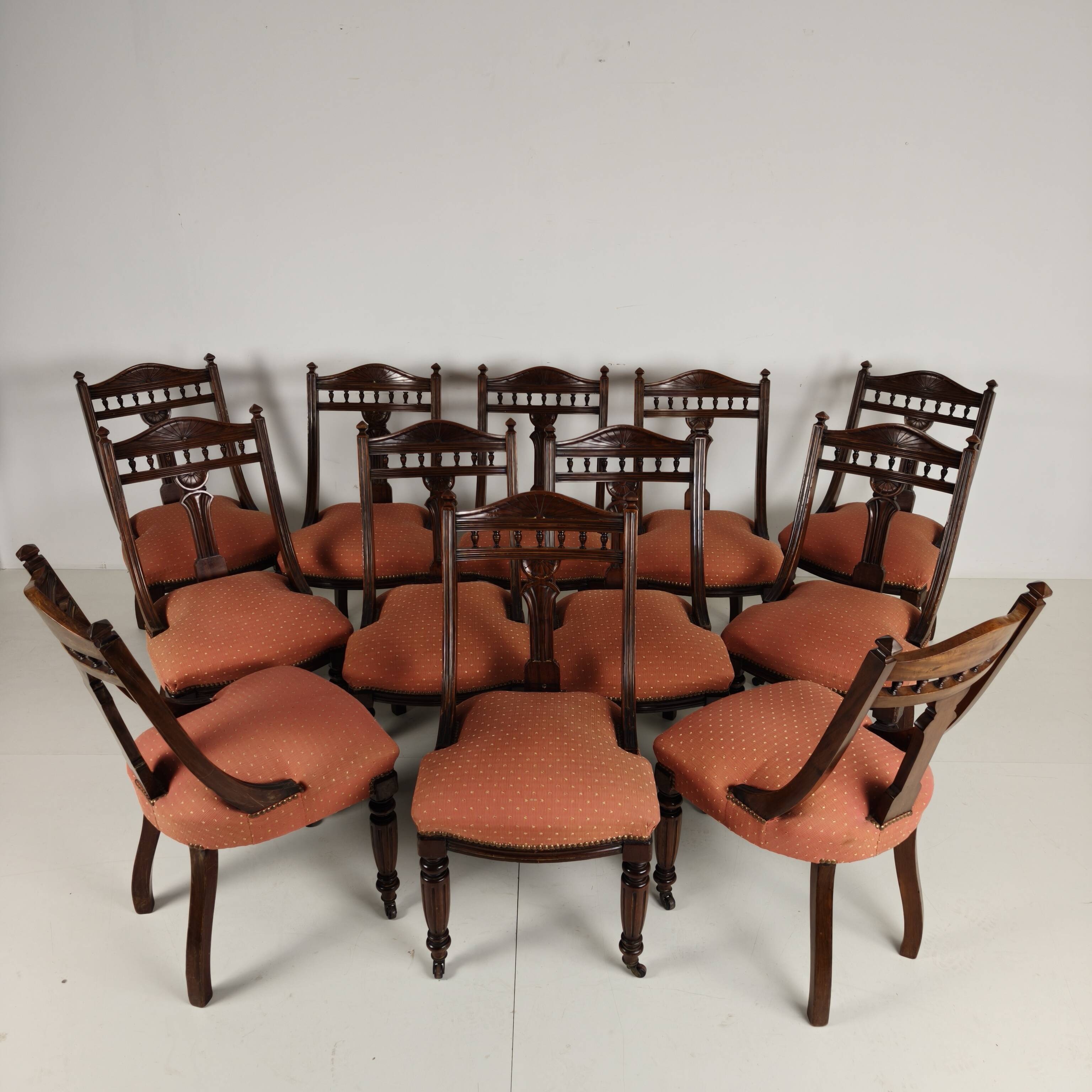Set of 12 Late Victorian Walnut Dining Chairs with Original Castors