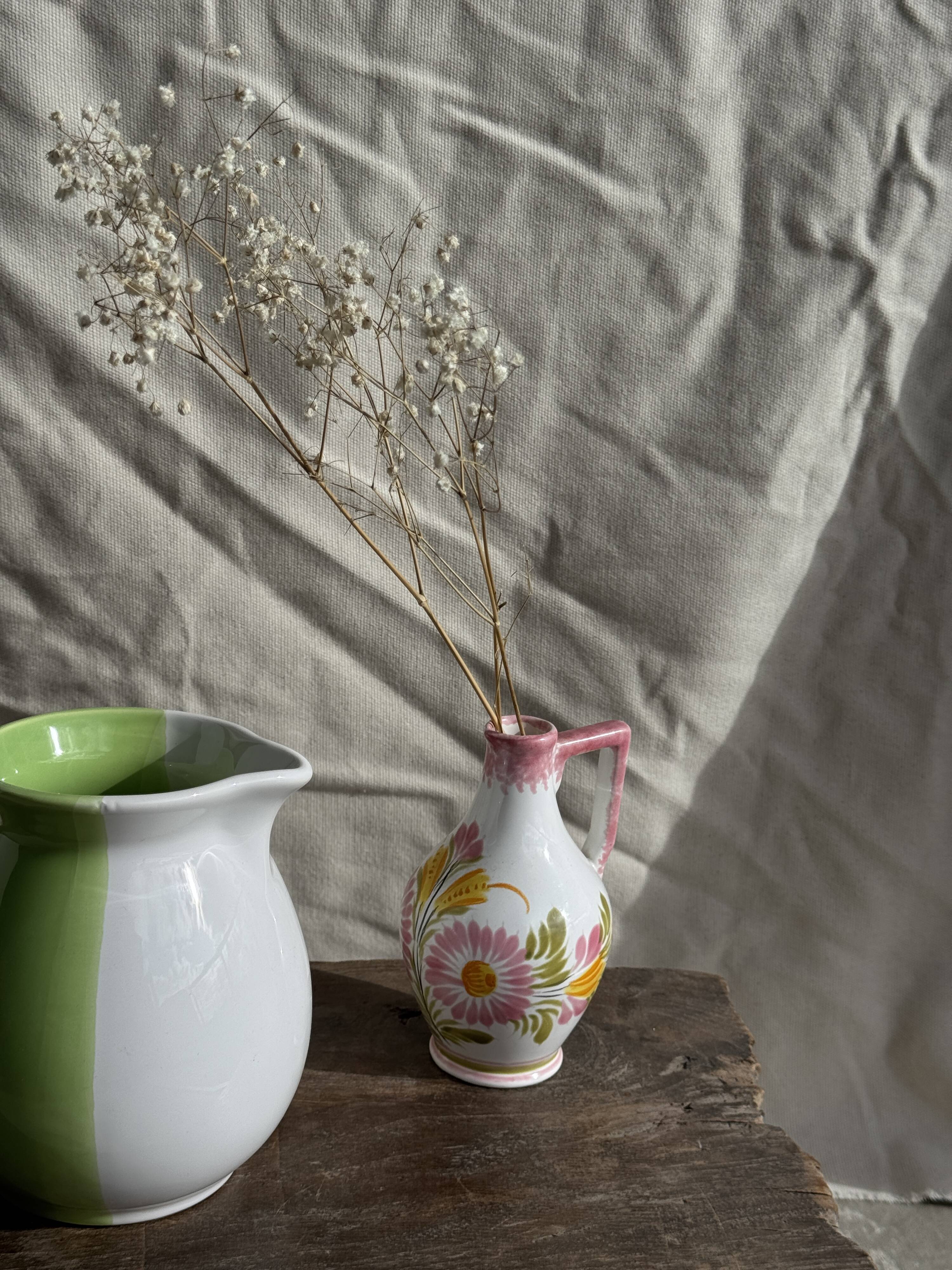 Mini vase with stylised flowers in green and yellow roses, H15.5.