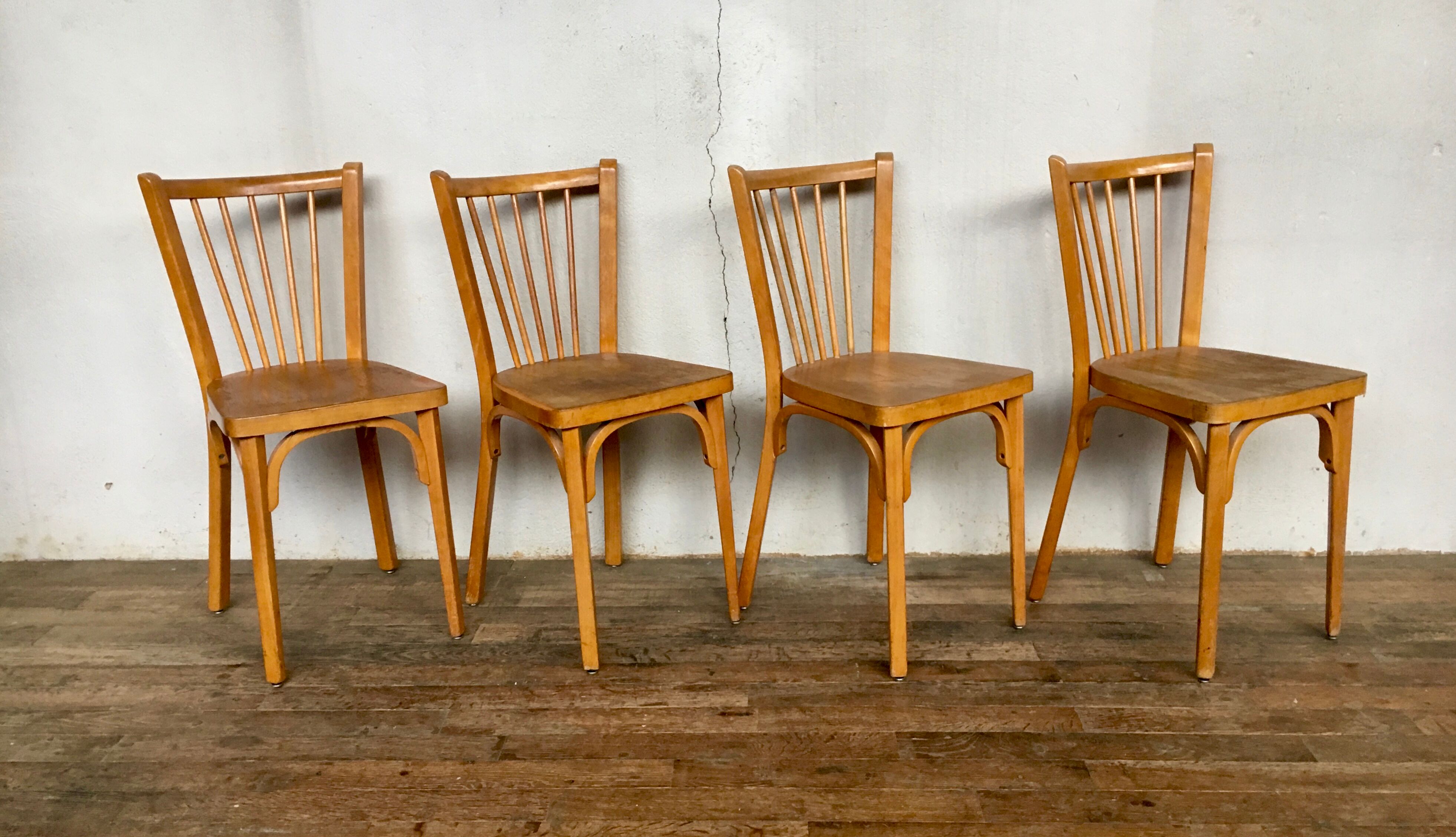 Set of 4 chairs Bistro Baumann wooden clear years 1950-1960