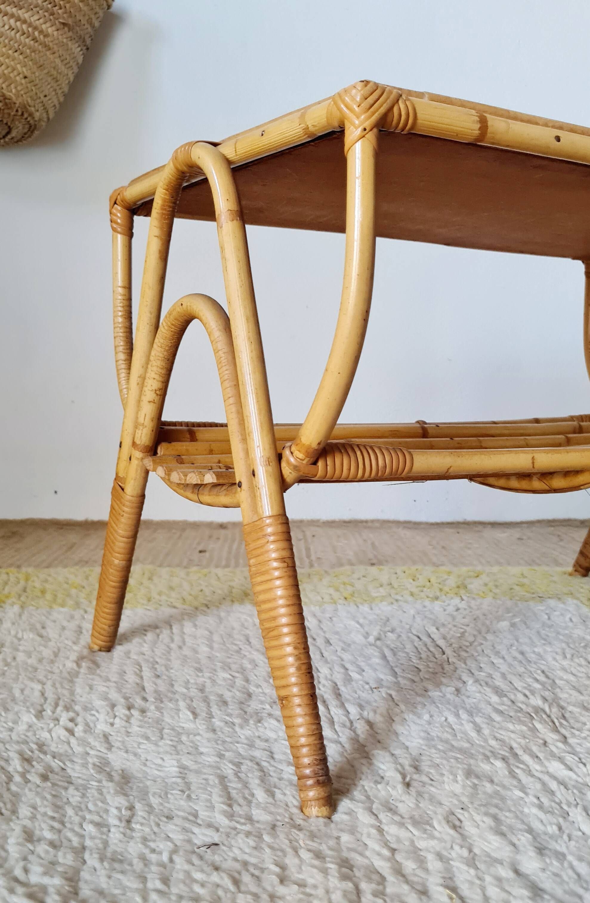 1960s rattan coffee table - blue top