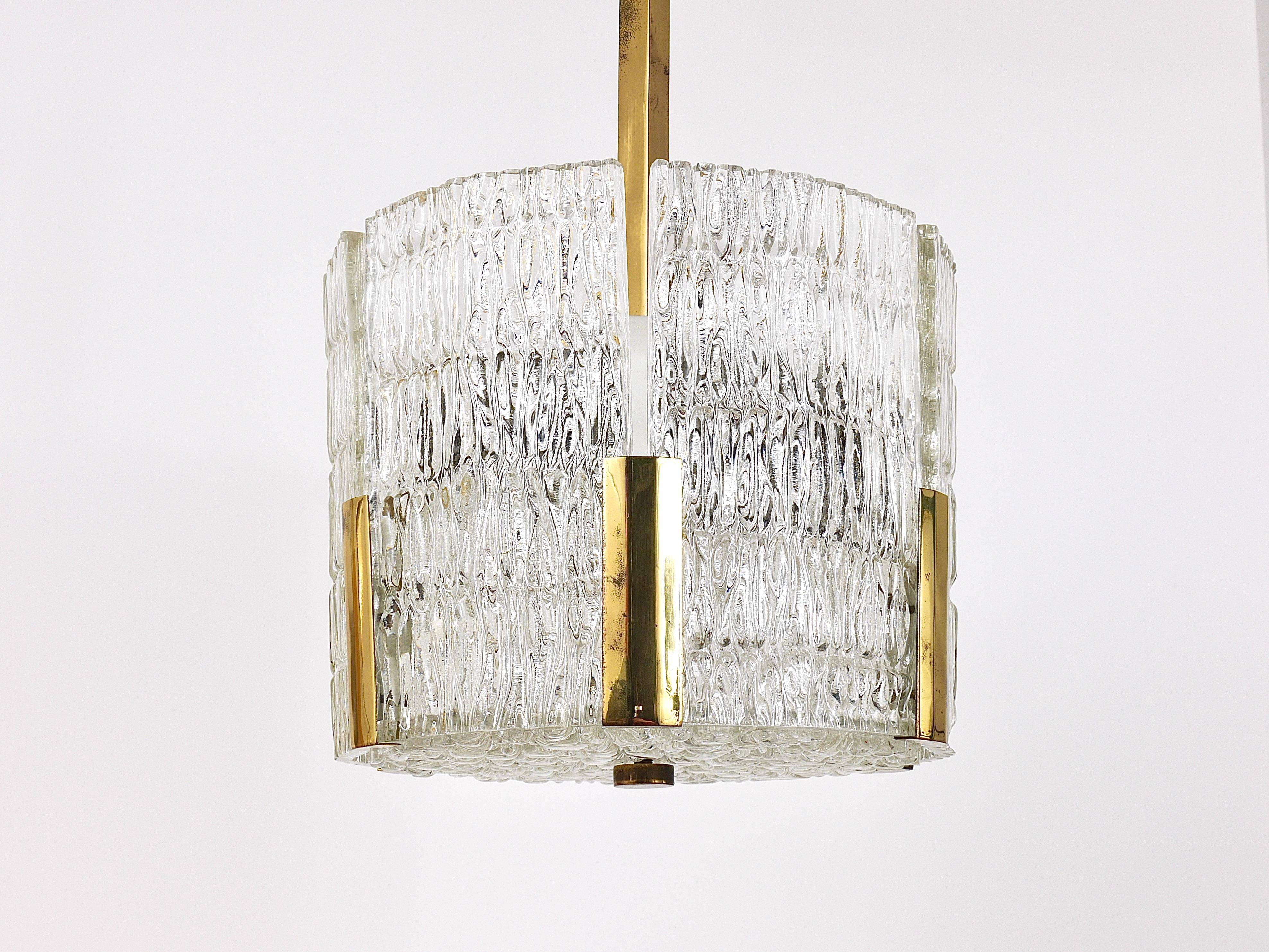 Kalmar Suspension Tambour Drum, Brass, Frosted Textured Glass, Austria, 1960s