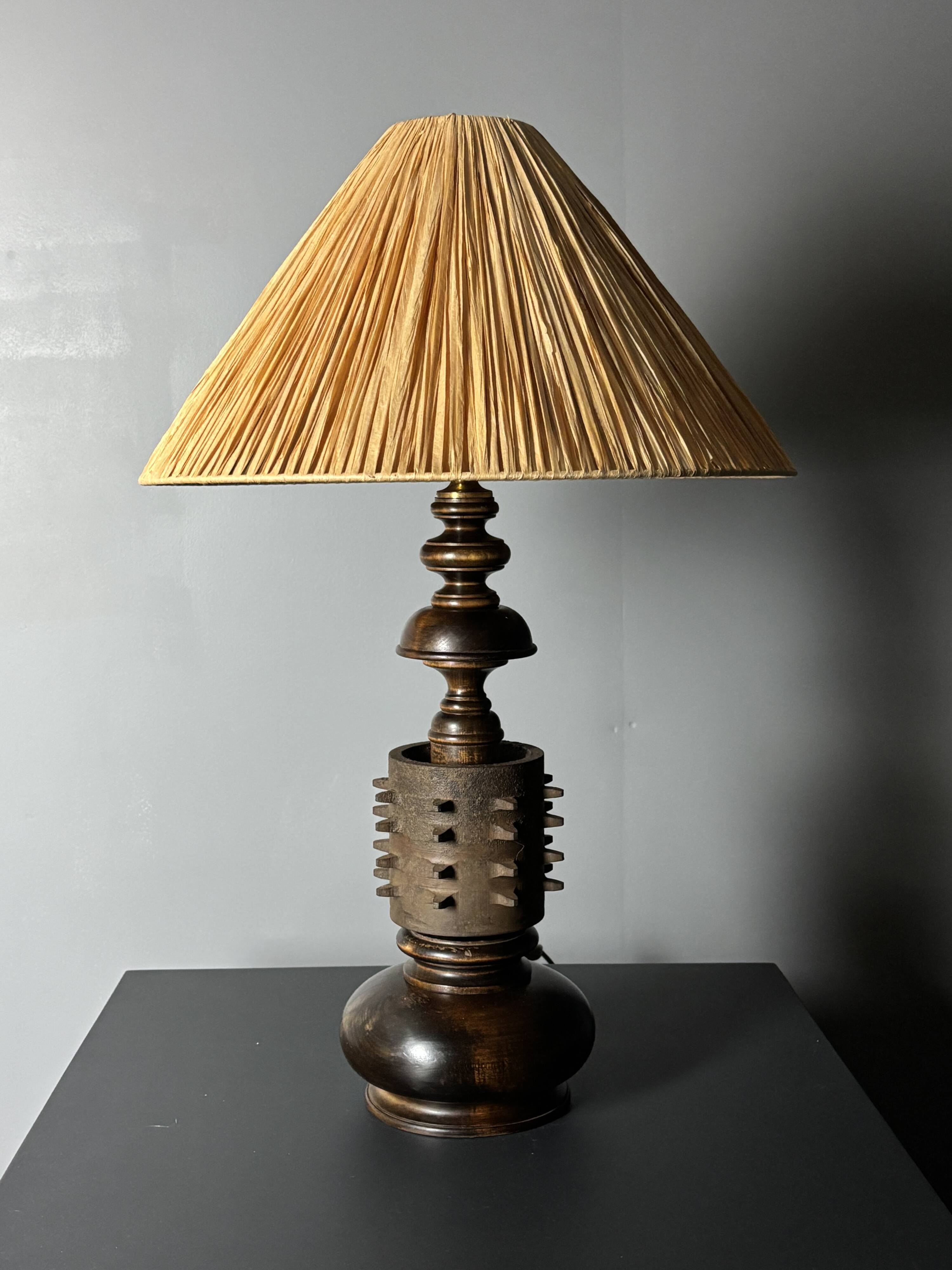 Brutalist wood turned and cast iron large table lamp, 1960s