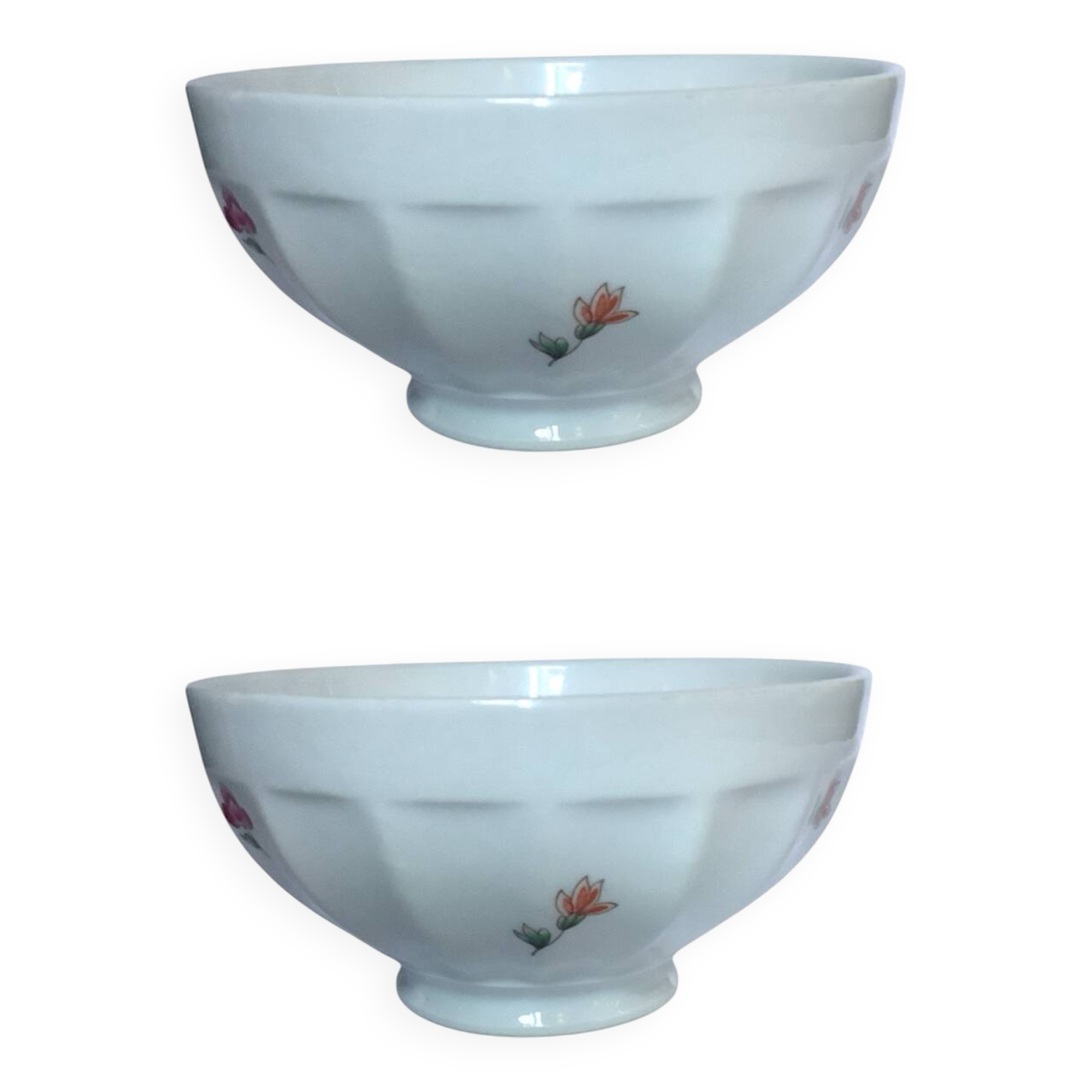 Vintage bowl duo – ribbed edge & floral decor