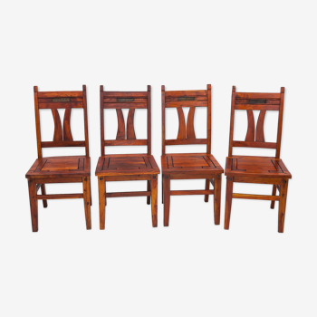 Set of 4 chairs in solid mahogany, vintage Art Nouveau, 1900