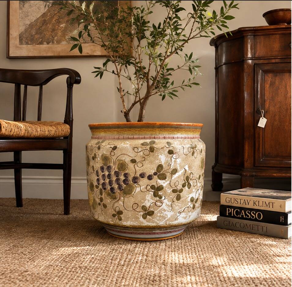 Large Italian Hand-Painted Ceramic Jardinière with Floral and Grape Motifs,