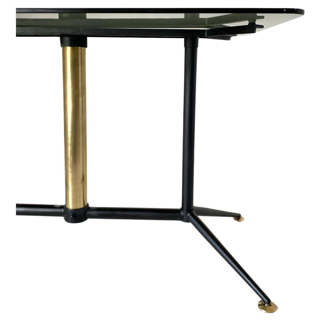 Vintage coffee table with smoked glass top and iron and brass base, Italy 1960s