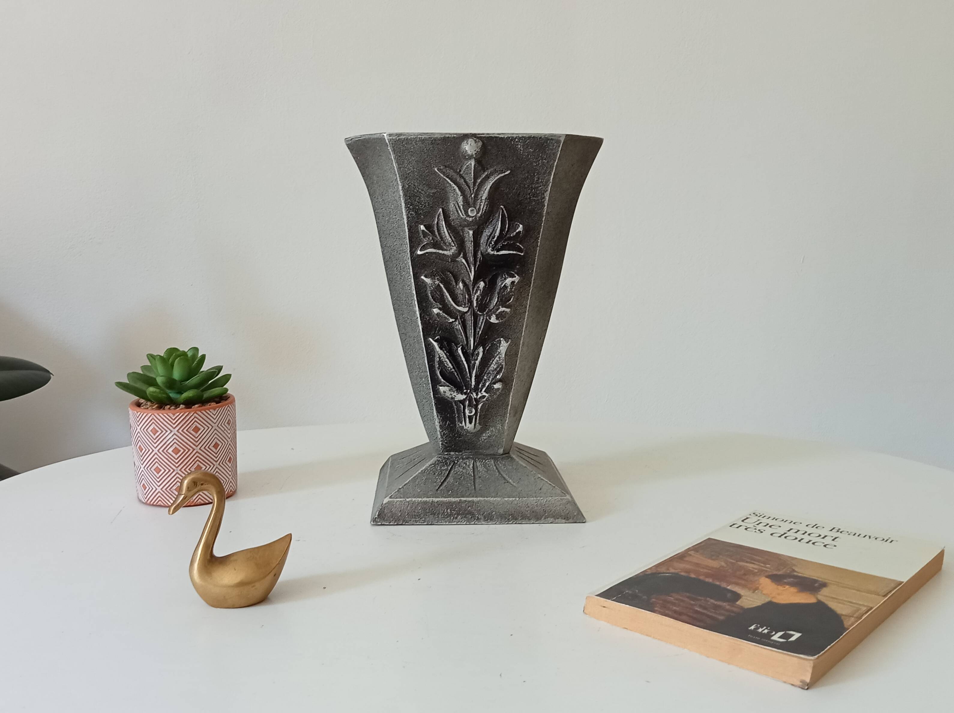 Antique art deco vase in solid aluminum