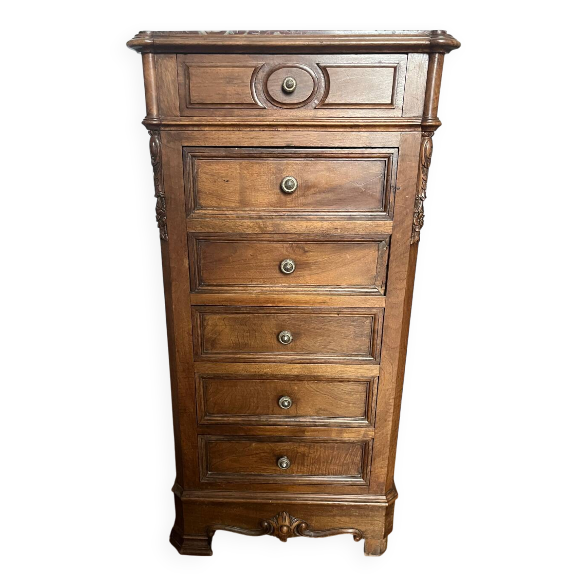 Solid wood storage furniture with a marble top.