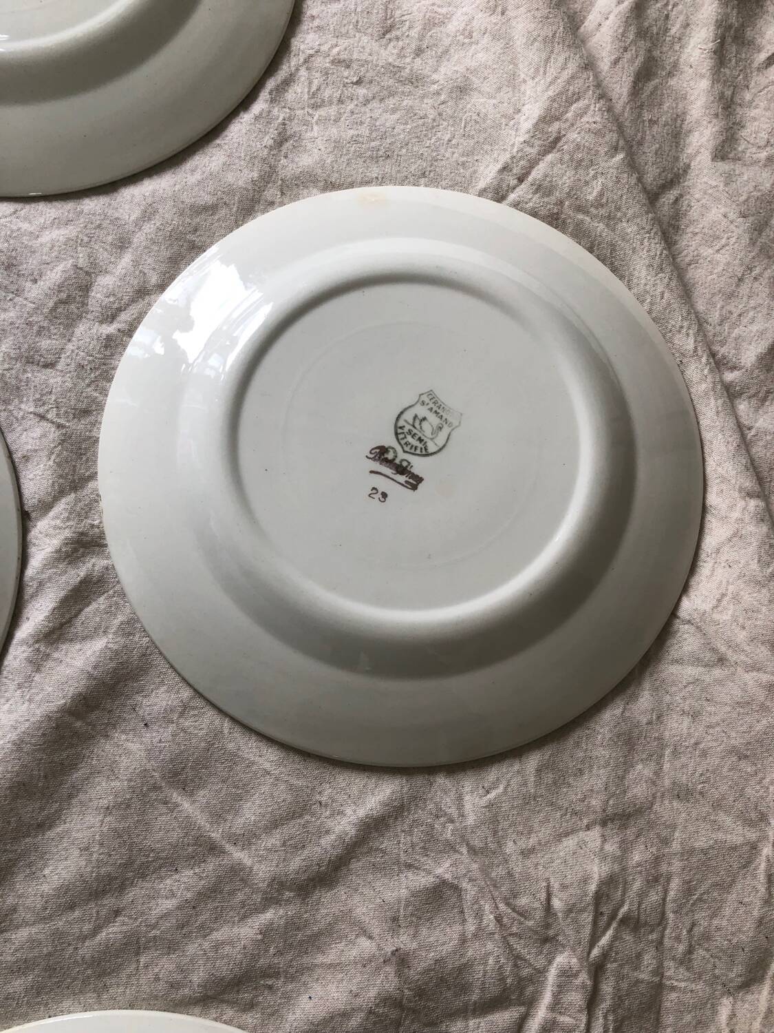 6 assiettes plates Ceranord Saint Amand Beaugency fleurs bords dorés et vert menthe