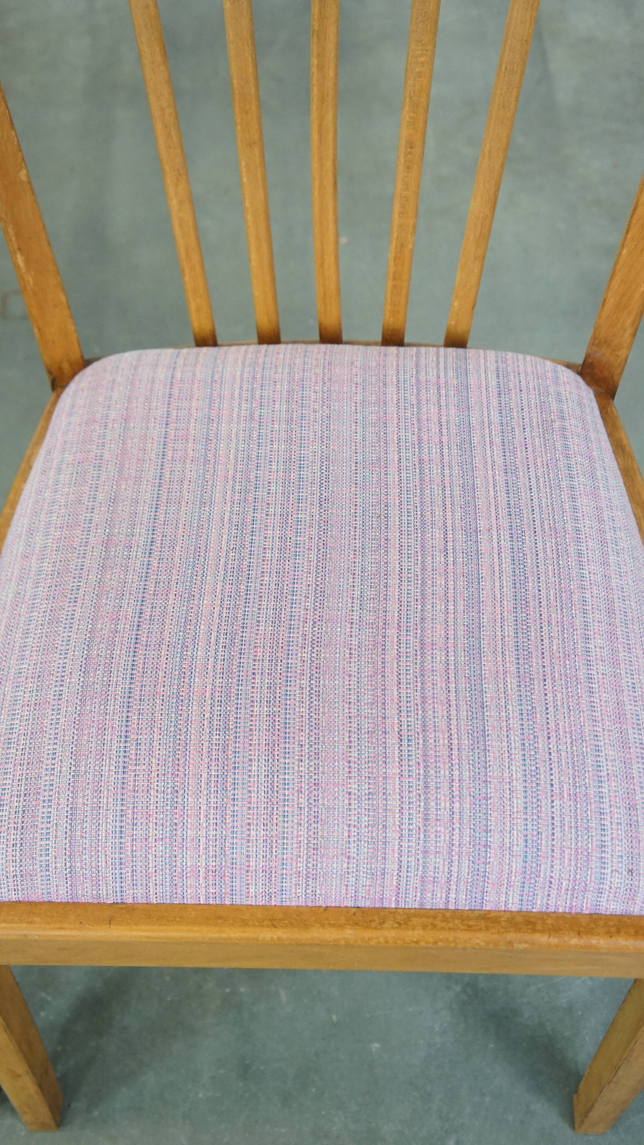 Set of 6 vintage Danish design dining chairs from the 1970s with light purple fabric seats