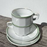 Pair of vintage Apilco style bistro cups in white and green ceramic