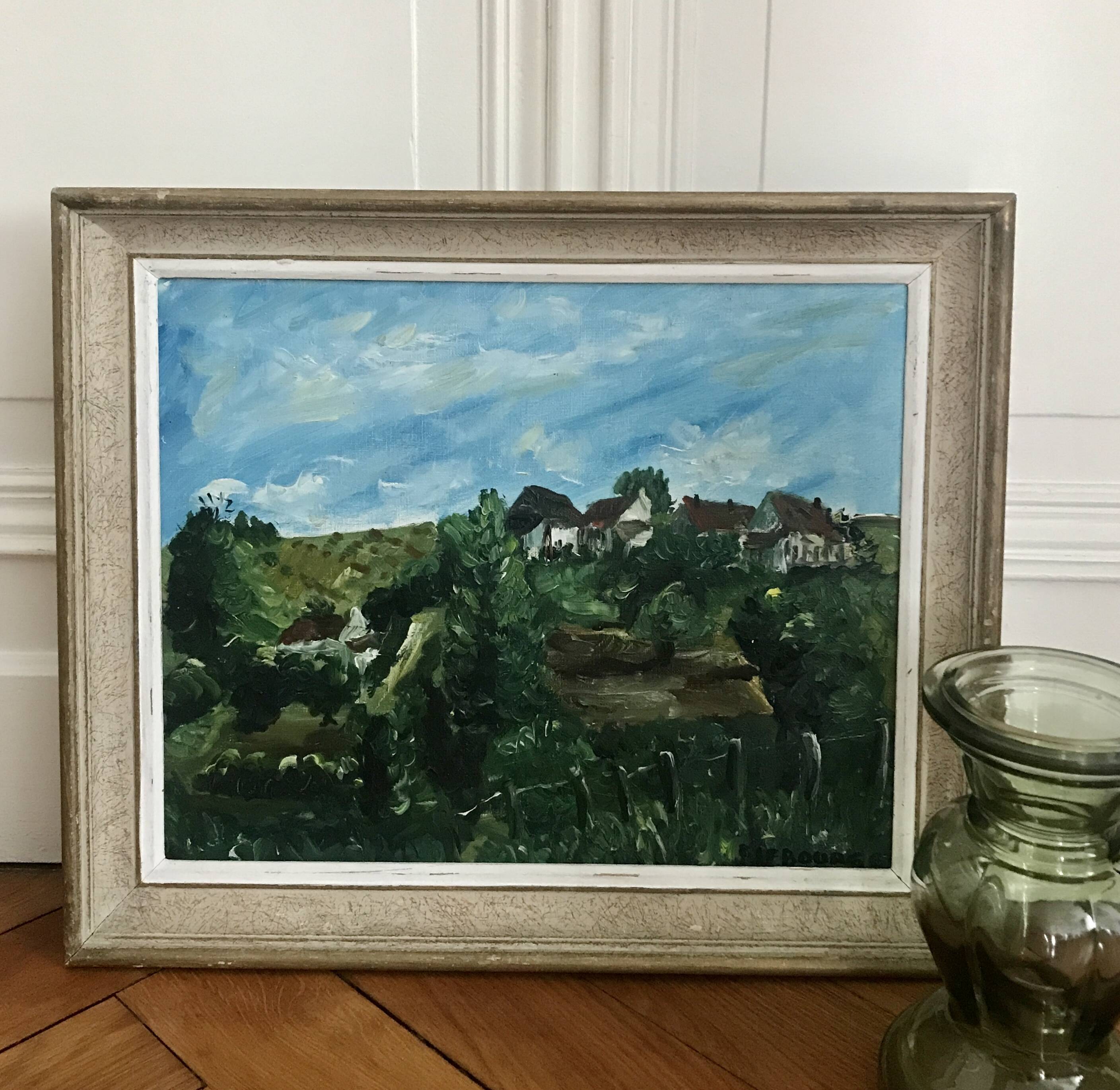 Old painting by Pierre Lebourg, landscape of the Allier