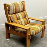 Vintage large elm wood lounge chair with original fabric, 1970s France