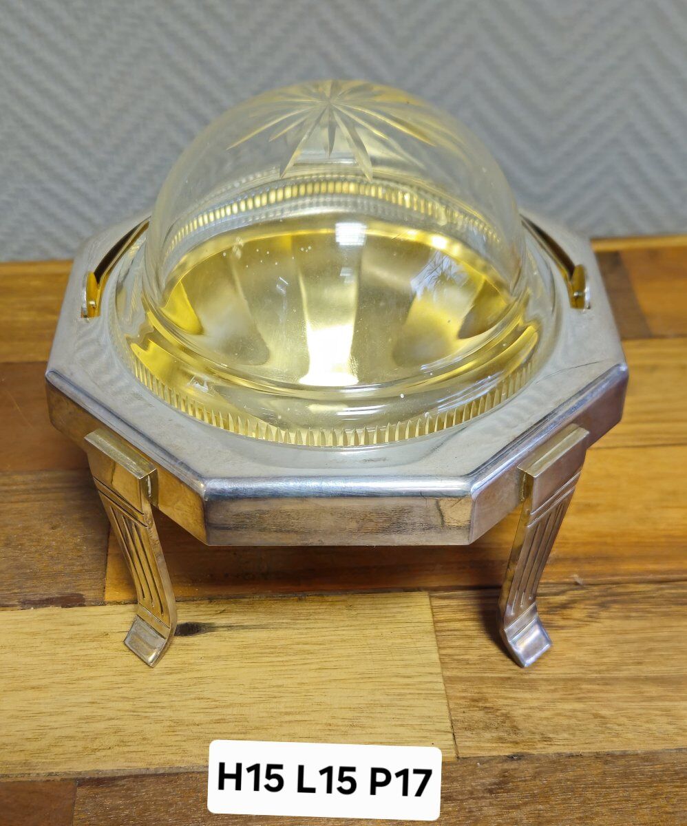 Art Deco caviar bowl in silver-plated metal and glass – 1930s