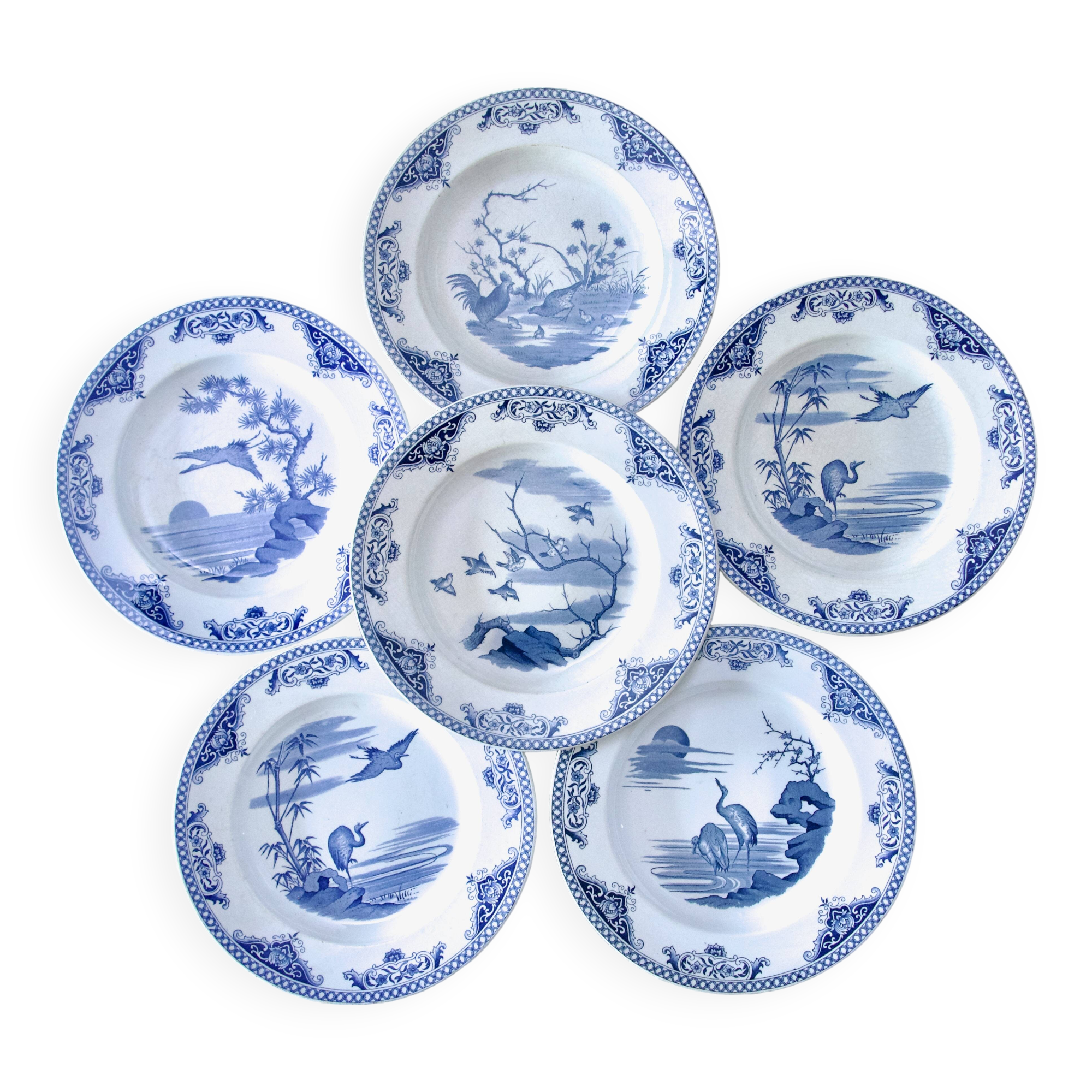 19th century plates Gien iron earth collection with Japanese birds