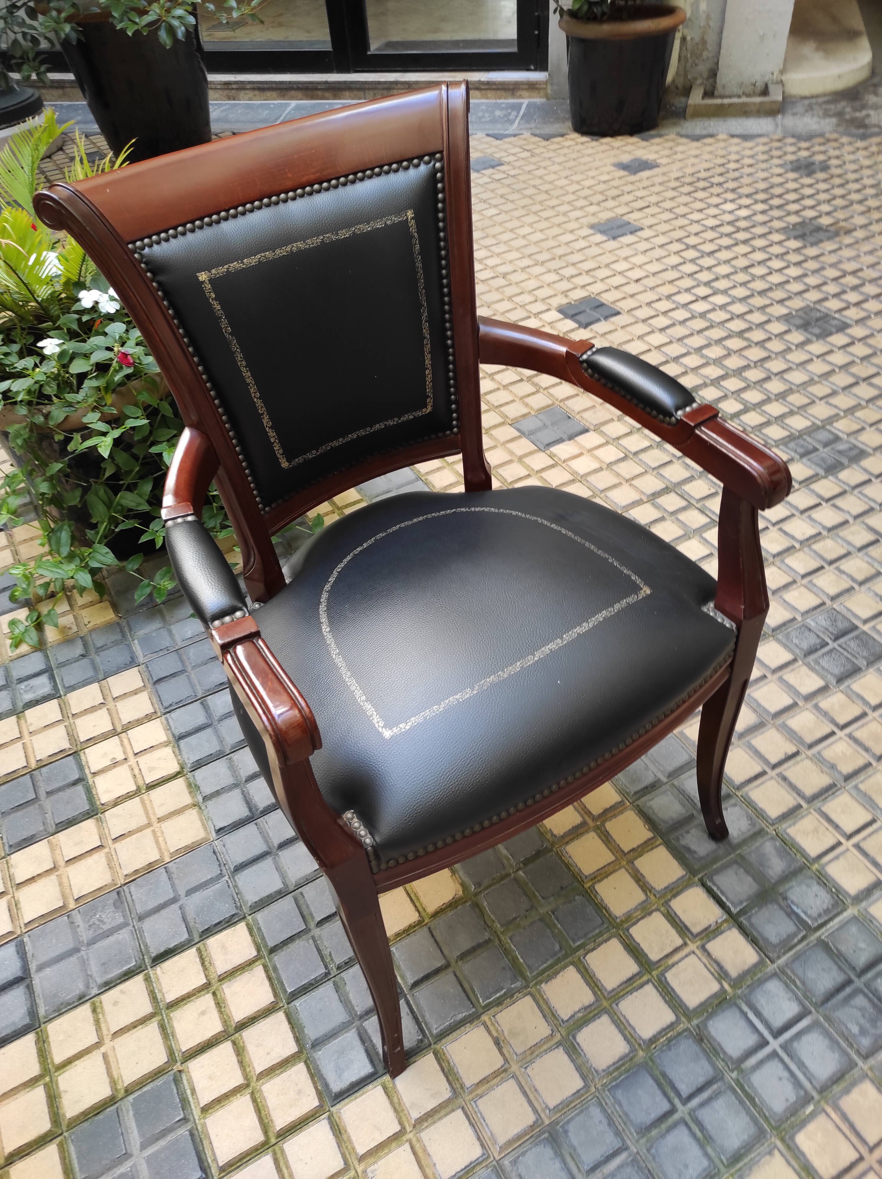 Genoveva armchairs directoire style black leather border gold