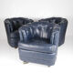 Suite of 3 small armchairs in midnight blue leather with castors
