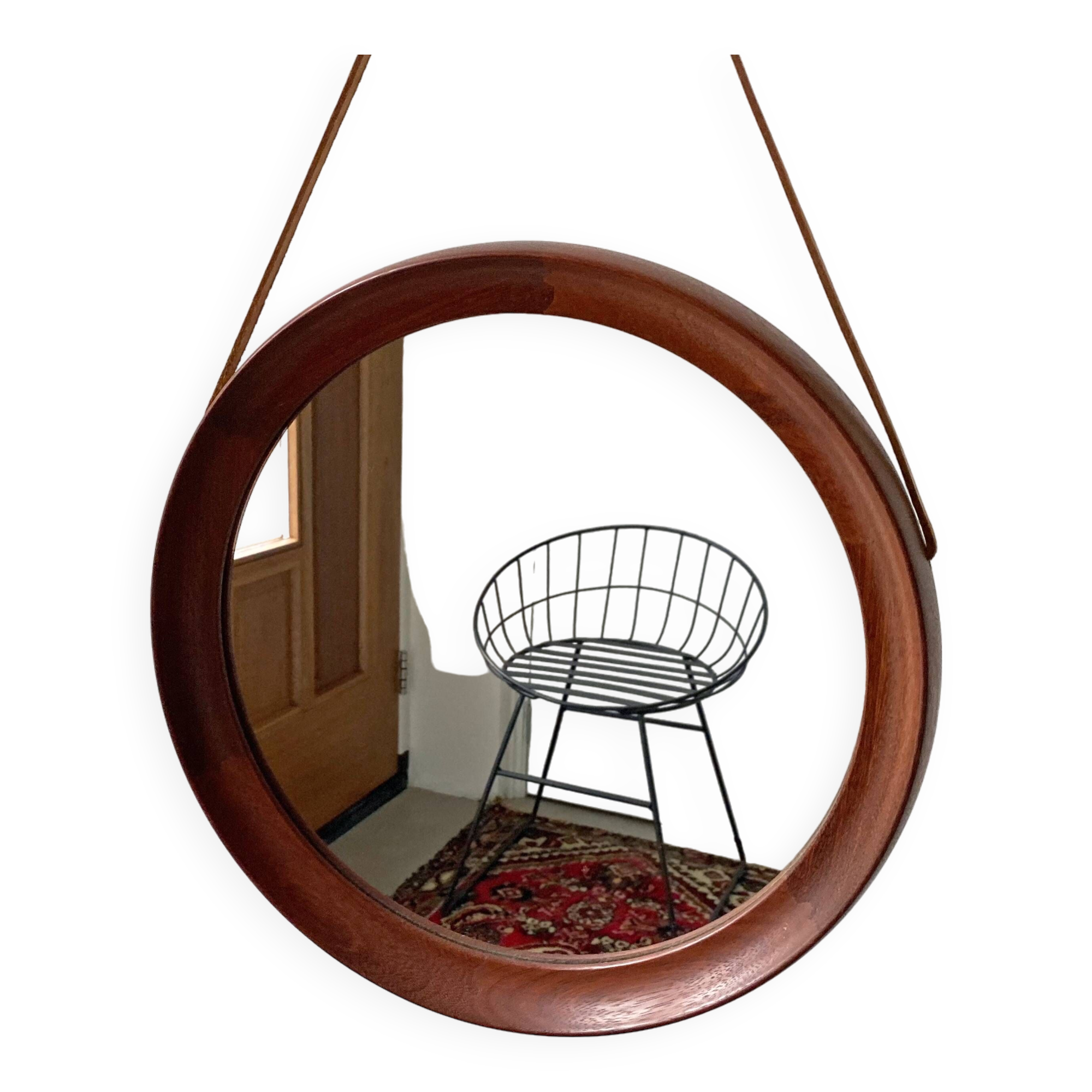 Mid Century solid teak wall mirror with a leather strap - Danish design