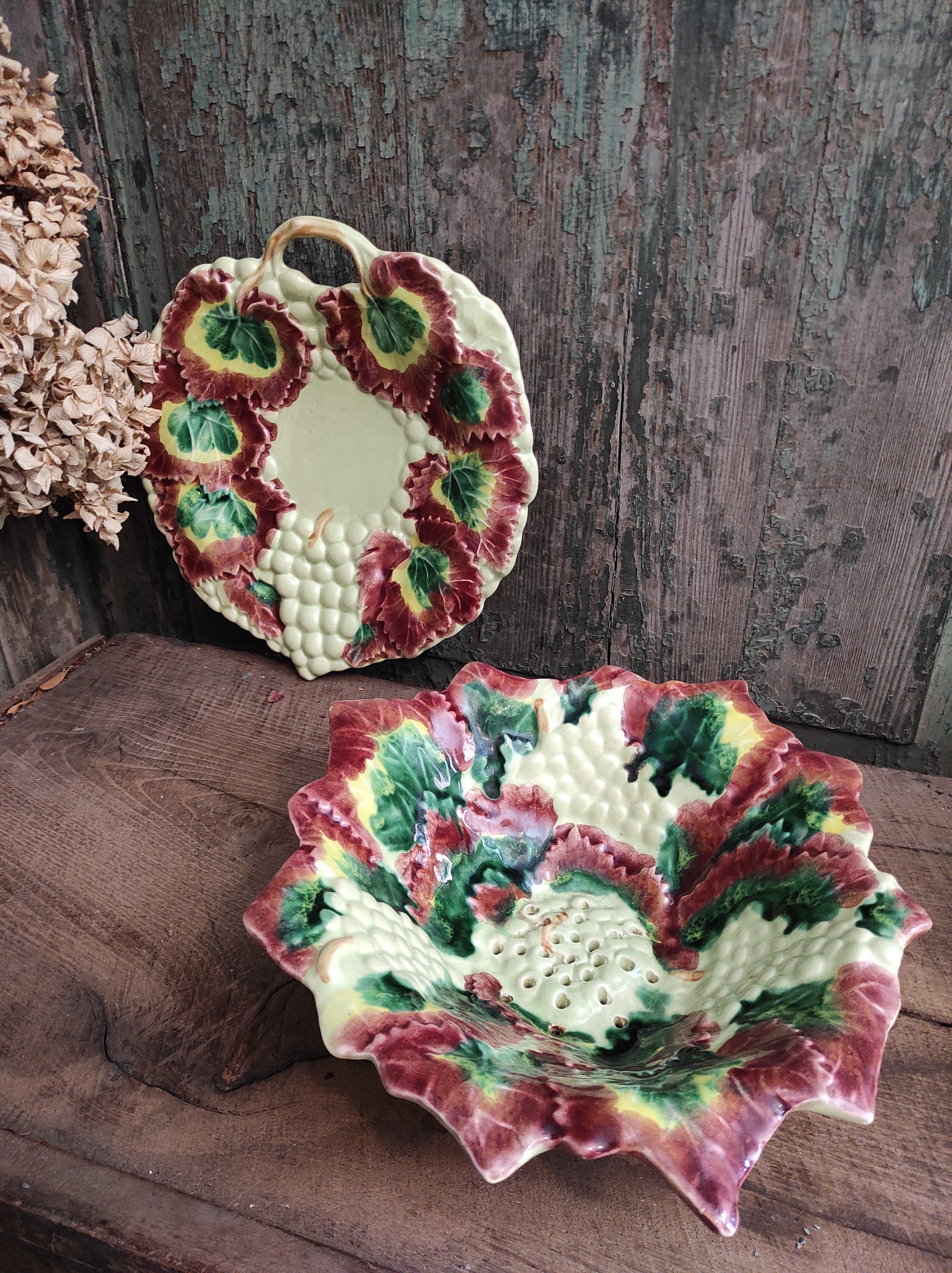 Vintage french majolica serving bowl for grapes